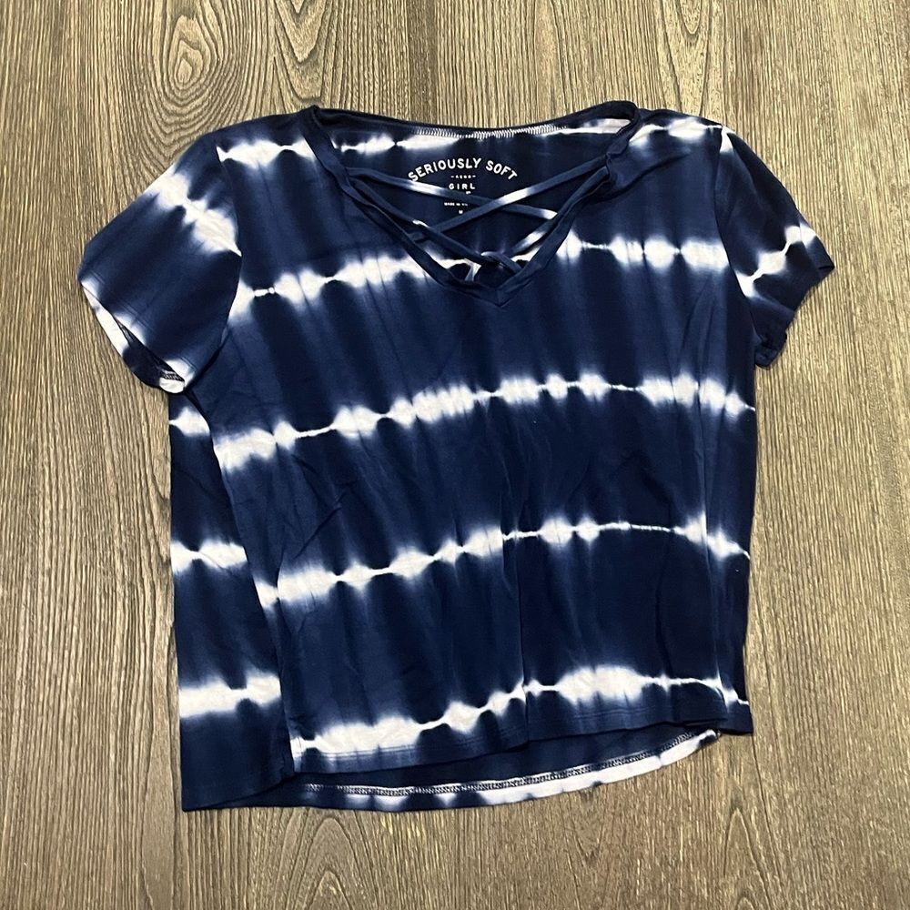 Aeropostale Womens Seriously Soft V-Neck Girl Tee Blue White Tie Dye Size Medium